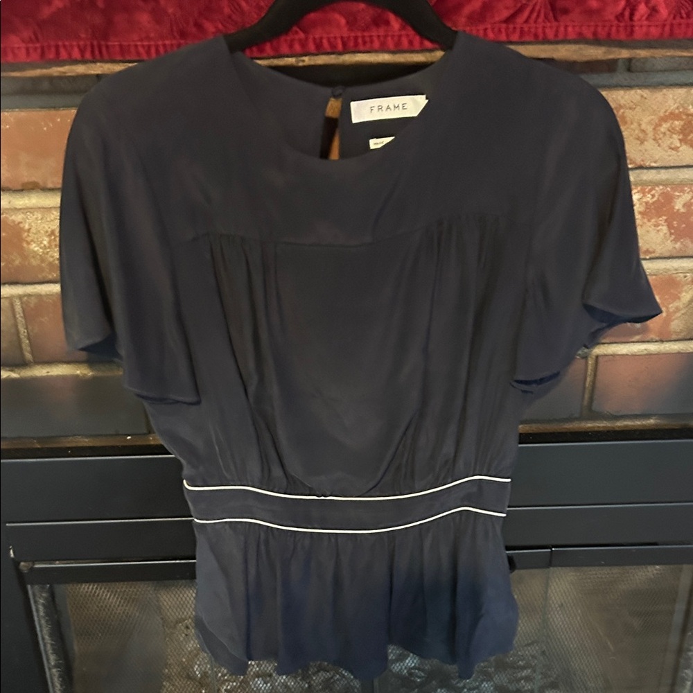 Frame Silk Dark Blue Blouse with White Accents